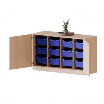 ErgoTray Schrank, 4reihig, 2 OH, zweitürig, fahrbar, mit 12 hohen Boxen, B/H/T 138,7x82x50cm 